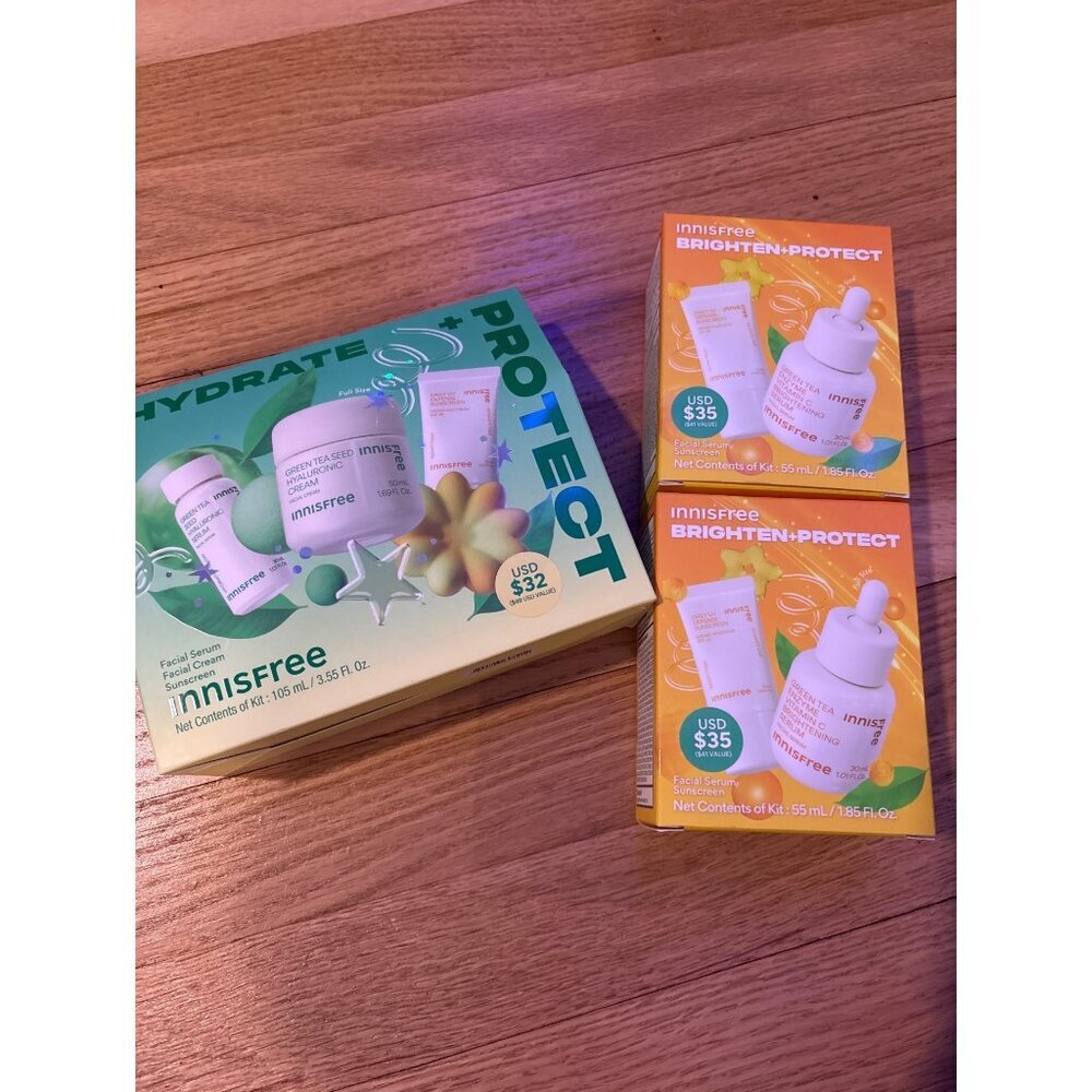 Innisfree Hydrate & Protect Set and 2 Brighten & Protect Sets, new in boxes